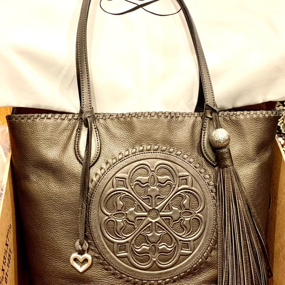 Brighten “Gabriella Medallion Tasseled Leather Tote” Color is Pewter - Picture 3 of 11